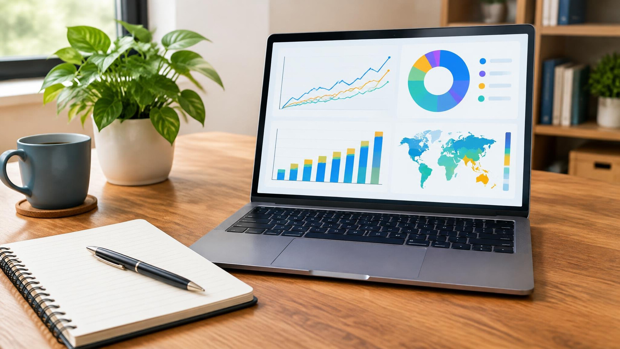 Laptop showing analytics charts on a desk