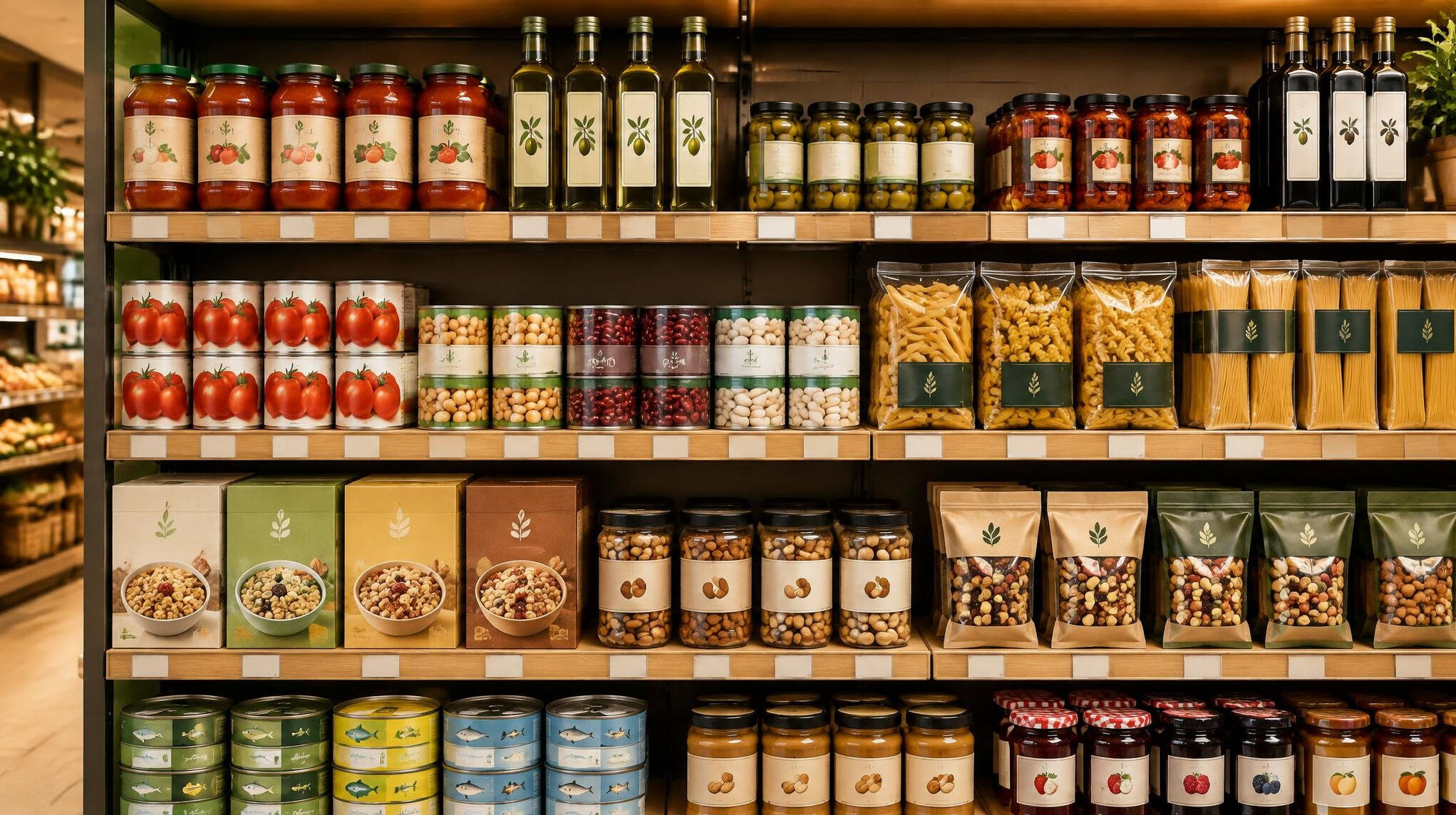 Grocery store shelves with organised product display