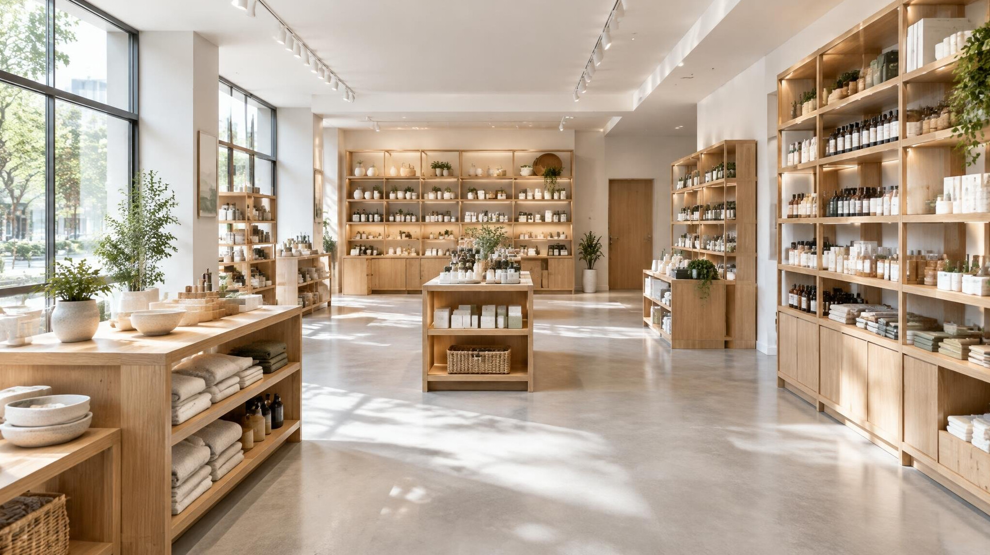 Bright modern retail store interior with shelves and wide walkways