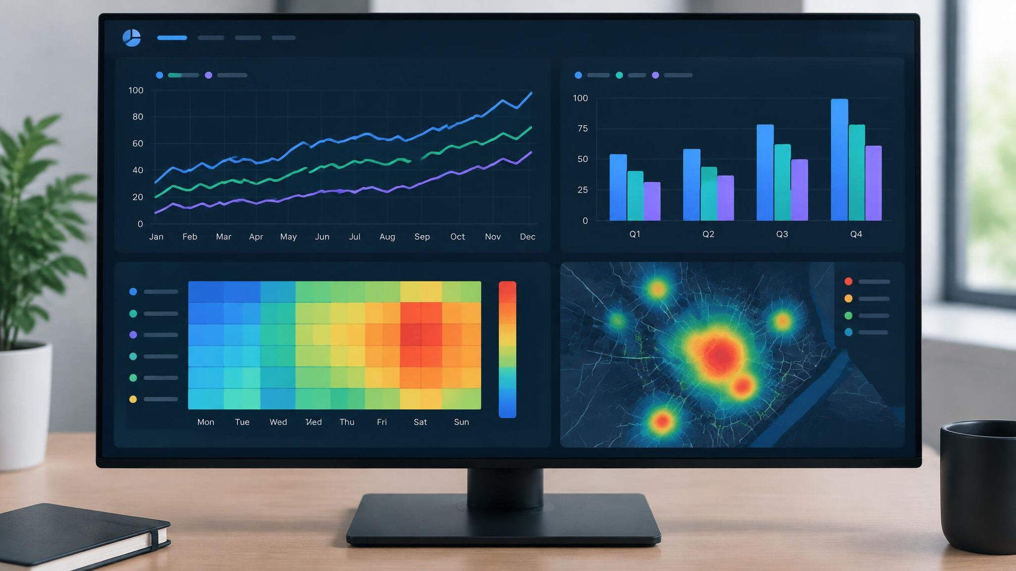 Dashboard with data charts and graphs on a screen