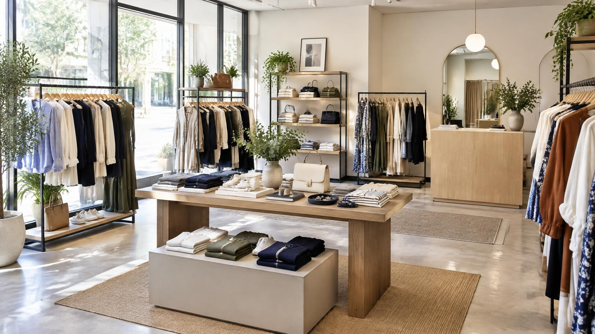 Boutique clothing store with racks and display tables