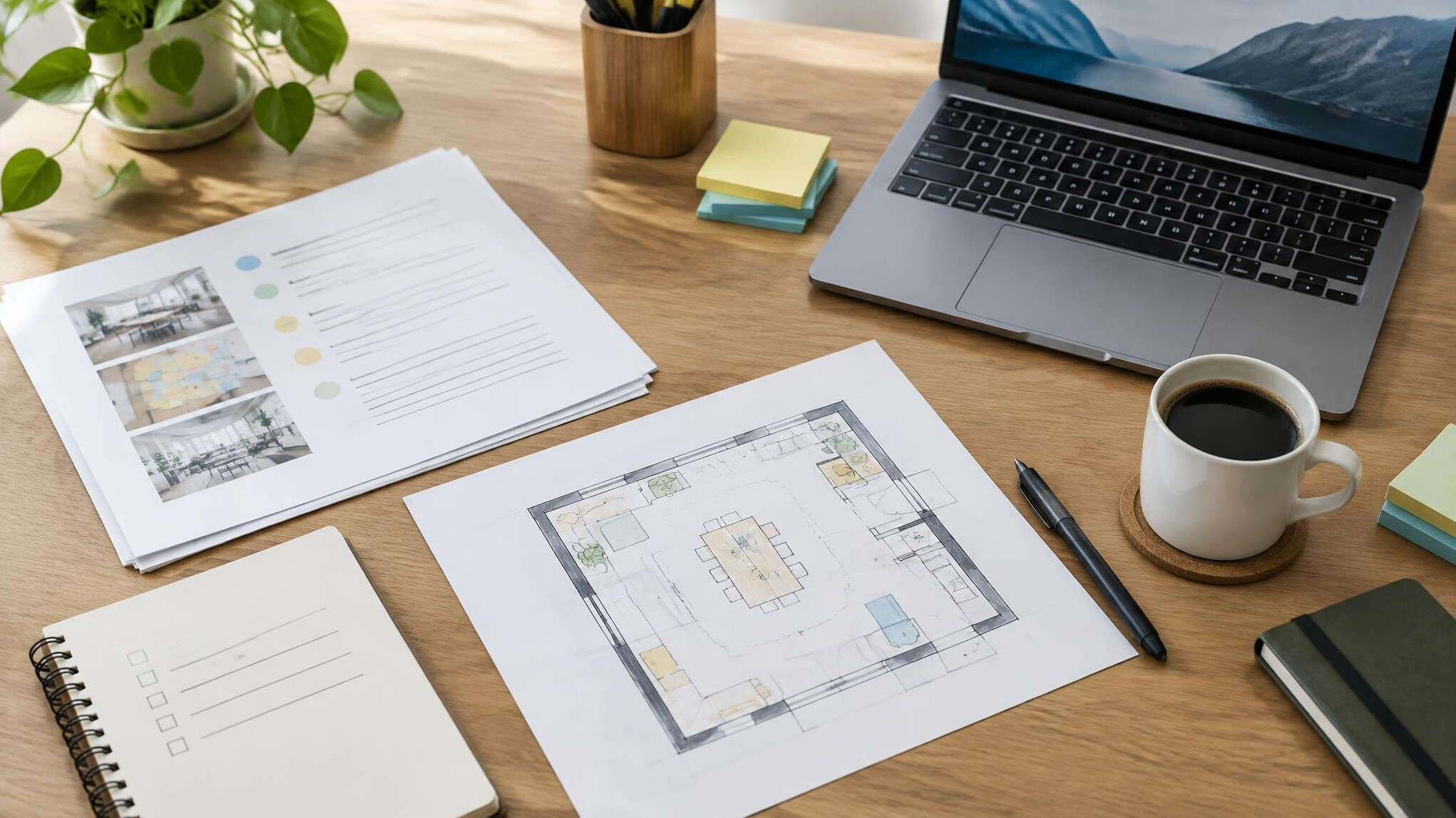 Desk with notes, laptop and documents for planning